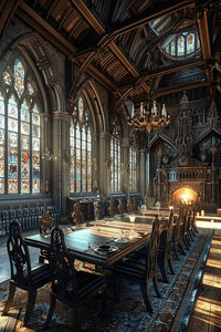 The Gothic Revival Dining Chamber is a magnificent setting for elaborate dinners, seamlessly integrating dark academia decor elements with architectural grandeur. The massive dark wood table, surrounded by high-backed gothic chairs, commands attention, while stained glass windows cast a spectrum of light across the surface, creating a mystical dining experience. Ornate candelabras and a sideboard displaying antique silver and fine china add layers of historical richness. This chamber is ideal for those who delight in hosting dinners that are both sumptuous and steeped in history. Tap to discover more about creating a gothic revival dining room perfect for elegant gatherings.