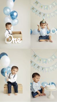 1st birthday cake smash for baby boy. Blue and white with One sign, balloons and bunting. In-home session, Goa