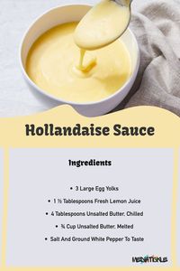 Uncover the magic behind the luscious Hollandaise sauce with its key ingredients. Butter, egg yolks, lemon juice, and a pinch of cayenne pepper – the essentials for a perfect brunch companion. Get ready to elevate your Eggs Benedict! 🍳🍋 #HollandaiseSauce #BrunchRecipes #EggsBenedict