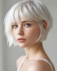 16. Platinum Blonde French Bob with Choppy Bangs This striking French bob features a platinum blonde hue that adds a modern, edgy twist to the classic cut. The chin-length bob is complemented by choppy bangs, which add texture and movement, framing the face with a playful yet sophisticated touch.