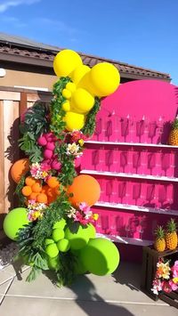 Tropical theme havana nights garden safari floral flowers greenery balloons balloon garland custom backdrop chiara walls bay area event planner central valley party stylist styling neon colorful inspo inspiration neon lights champagne wall favor wall party favors ideas 40th birthday party