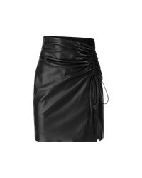 Black faux leather high waist skirt with adjustable side gather and invisible zipper closure.