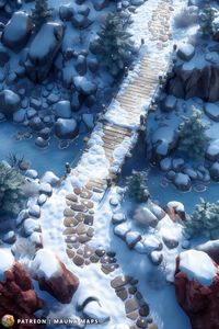 Elevate your tabletop RPG with a detailed winter battlemap, designed to set the scene and spark your creativity.  "The winter has been mild, and the snow thaws rapidly. As a result, it has been challenging to track the bandits whose heads you must collect. You know they used this bridge, but how long ago?"