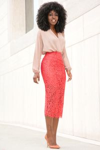 Style Pantry | Long Sleeve Faux Wrap Blouse + Lace Pencil Midi Skirt