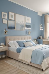 Experiment with this precise design and furniture in your own area using AI HomeDesign with just one simple click!Blue, White, Beige, Silver, Cream, Grey, Sky, Bright, Serene, Bedroom, Color, Scheme, Lit, Setting, Room#BedroomDecor #BlueAndWhite #ColorScheme #InteriorDesign #SereneSetting #HomeStyle #AIHomeDesign #SkyBlue #BeigeHeadboard #BrightlyLitRoom