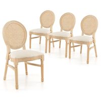 Enhance your dining experience with our elegant dining chair set. Made with a sturdy rubber wood frame, these chairs provide reliable support with added crossbars for stability. The cozy padded seats upholstered in faux linen fabric ensure exceptional comfort, while the natural rattan backrests add a touch of rustic charm. Embrace the elegance of French design with exquisite carved details and delicate legs that create a timeless beauty. These versatile chairs can be used not only in the dining