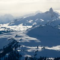 Blackcomb Peak, Whistler, British Columbia, Canada -- The Black Tusk in winter watches over Symphony bowl on the back side at Whistler. Almost everywhere I went along the Sea To Sky route the Tusk was visible somewhere on the horizon. A big reminder, that yes, you are in amazing B.C.