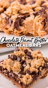 Chocolate Peanut Butter Oatmeal Bars! An easy chocolate chip cookie bar recipe with peanut butter fudge sandwiched between an oatmeal cookie crumble layer, aka Oatmeal Dream Bars!