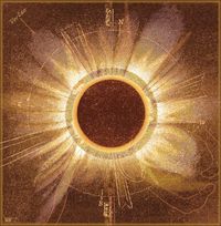 Jaime Morrison | Colour composite of six hand drawn black and white images, each by a different astronomer, of a total solar eclipse. | July 18th 1860