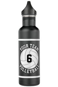 🏐 Create your own customized black water bottle for volleyball players and fans with their own volleyball team name and volleyball player jersey number (or any other text). Just click to personalize the template and type your own team name and player numbers in the custom text boxes.