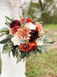 These STUNNING arrangements are made from high quality silk and foam flowers. Get the look of real flowers without the astronomical price!  Cake Flowers can be found here: https://www.etsy.com/OurBlessedWoods/listing/1439528442/terracotta-burgundy-cake-flower?utm_source=Copy&utm_medium=ListingManager&utm_campaign=Share&utm_term=so.lmsm&share_time=1680547303137 Dog collar found here: https://ourblessedwoods.etsy.com/listing/1573405468/wedding-dog-collar-floral-ring-dog Bridal measures approximate