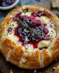 Indulge in creamy baked brie nestled in a warm bread bowl, topped with tangy cranberry sauce and fragrant thyme.