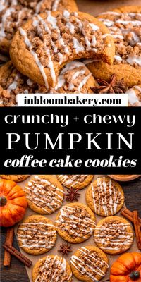 These are the best pumpkin coffee cake cookies! They are super chewy pumpkin cookies, topped with crunchy brown sugar streusel and drizzled with vanilla icing.