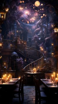 Dine at a magical restaurant and enjoy an enchanting experience. This is an AI artwork created using Midjourney.