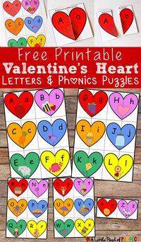 Valentine's Heart Letters and Phonics Puzzles Free Printable: Kids will learn uppercase and lowercase letters and associate pictures with each letter like an apple for the letter A and a bee for the letter B. (preschool, kindergarten, February, hands on learning)