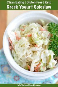 This Greek yogurt Coleslaw recipe is a healthier version of the popular and simple cabbage salad. The dressing is made with Greek yogurt instead of mayonnaise, and no one will be able to taste the difference. {Clean Eating, Gluten-Free, Keto}