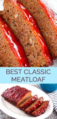 This amazing homemade meatloaf recipe is tender and juicy with a sweet tangy topping. It's a traditional meatloaf with ground beef, breadcrumbs, onions, seasonings and a ketchup-based topping.