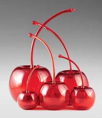 Maraschino Cherries by Donald Carlson. Exuberantly oversized blown glass cherries lend a dash of color to your home. Beautifully translucent with long arcing stems. Exact dimensions will vary.