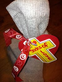 Socks of Love! Fill one sock with necessities (toothbrush, soap...)- put the other sock in too and donate socks of love to homeless shelters and such!