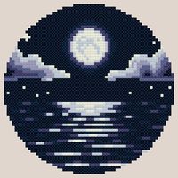 Moonlight on the Ocean Cross Stitch Pattern Only Colors: 7 DMC floss colors Stitches: 66 x 66 (size will vary depending on the count of the aida cloth you use)  Here is a helpful calculator to give you an idea on the size of the finished pattern based on the material count you want to use.  http://yarntree.com/java/xstitchcal.htm Downloads include: - Black and white symbol pattern with DMC floss key on 2 pages (PDF) - Color blocks with symbols and DMC floss key on 2 pages (PDF) - Large Image of