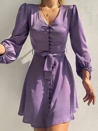 📦FREE Shipping on orders over $60 Gender: Women Type: Dresses Feature: Solid, V-Neck, Belt, Button, Long Sleeve Material: Polyester Style: Casual/Fashion Color: Pink, Purple, Light_Green Size: S, M, L, XL, 2XL Please Note: All Dimensions Are Measured Manually With A Deviation Of 1 To 3cm.