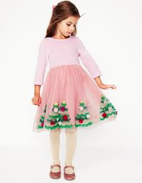 Velvet Tulle Appliqué Dress - Vintage Pink Christmas Trees | Boden US