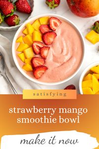 Start your day on a tropical note with this Mango Strawberry Smoothie Bowl. This sweet and satisfying smoothie bowl is a healthy and easy-to-make breakfast or snack option that will keep you energized throughout the day. Enjoy this nutritious and refreshing treat packed with the mangoes and strawberries. Best of all, this simple recipe is banana-free and ready in 5 minutes.