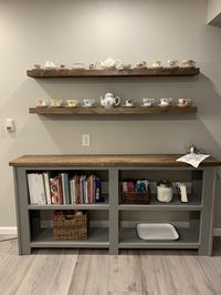 Floating shelves over Rustic X Console Table | Ana White