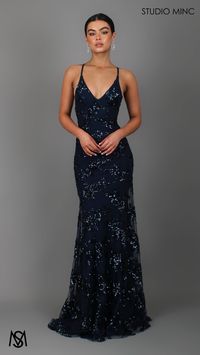 Navy Blue with Midnight Sequin Formal & Prom Dress by STUDIO MINC - made in our signature V neckline with Backless design and adjustable lace up feature. A Figure hugging mermaid shape with floral pattern. Proudly Australian Made, Available to purchase online or from our Gold Coast Showroom in Australia