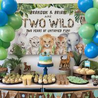 Step into the wild with our "Two Wild Safari Themed Boy 2nd Birthday Backdrop," a perfect start to your little explorer's birthday adventure! Featuring charming watercolor safari animals nestled among lush tropical leaves, this backdrop brings a touch of the wilderness to your celebration. Personalize this enchanting scene with your baby boy's name, making it a unique and memorable centerpiece for your "Two Wild" themed party. Crafted with vibrant colors and captivating designs, this birthday ba