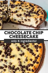 Simple chocolate chip cheesecake in a chocolate pie crust is made with just six ingredients. Creamy cheesecake filled with mini chocolate chips will easily be one of your new favorite cheesecake recipes.