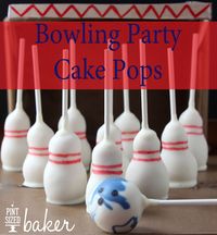 Bowling Party Cake Pops - bowling pins and a bowling ball, so cute!