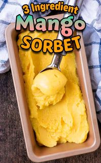 This Easy Mango Sorbet recipe is made with just 3 ingredient, no churning in an ice cream maker needed, and it’s going to be your go-to refreshing homemade dessert this summer. A really intense mango flavor, by simply blending frozen mango with a little maple syrup and lime juice until it’s creamy and delicious. It really is THAT easy. DIY dessert recipes at their best!