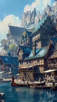 Illustration of medieval fishing town with harbour and majestic buildings.  #medieval #twon #harbour #fishing #fantasy #illustration