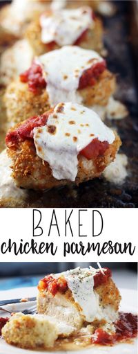 There is something about breaded chicken covered in a tangy marinara sauce and melted cheese that hits all of my food love high notes. This recipe for Baked Chicken Parmesan has a perfectly crisp golden coating. You won't believe it isn't fried. #chickenparmesan #bakedchickenparmesan via @Buy This Cook That