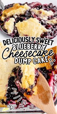 This blueberry cheesecake dump cake consists of cream cheese, sweet blueberry pie filling, and moist cake, all baked together for a decadent dessert.