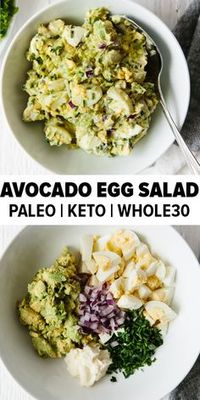 This avocado egg salad takes your classic egg salad recipe and adds healthy avocado for a creamy, nutritious and tasty new avocado egg salad recipe you're sure to love. It's a delicious paleo, keto and whole30 recipe. #avocadoeggsalad #eggsalad #whole30recipes #ketorecipes