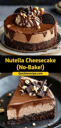 Rich, creamy, and loaded with Nutella, this No-Bake Nutella Cheesecake is a chocolate lover’s dream. With a buttery cookie crust and smooth Nutella filling, it’s a show-stopping dessert with no oven needed! Ingredients: 1 cup crushed graham crackers 1/4 cup butter, melted 1 cup Nutella 8 oz cream cheese A decadent no-bake dessert that’s pure Nutella bliss