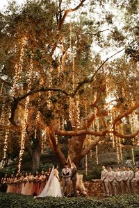 romantic and magical forest wedding ceremony lit up with string fairy lights in the trees #ceremonylights #whimsicalwedding #hanginglights