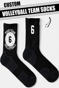 🏐 Make your own custom high-performance athletic crew socks for volleyball players and teams! Just click to personalize the template and type your own volleyball team name and volleyball player jersey number in the custom text boxes. You can also use the customization tools to change the color of the sock (currently set on black). Makes a great team gift for volleyball teams at all levels, especially high school and college volleyball teams!