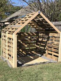 Shed for my riding lawn mower made out of pallets!  Super easy!