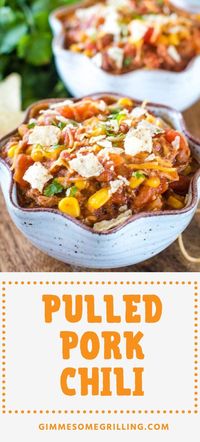 Quick and easy pulled pork chili is perfect for using up leftover pulled pork and a delicious twist on your favorite chili. It's full of flavor and is a quick and easy dinner recipe! #chili #pulledpork