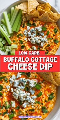 I'm obsessed with this buffalo cottage cheese dip recipe! Easy to make, high in protein, and low carb, it's perfect for healthy eating and keto diets. Scoop with veggie sticks for a light lunch or snack idea!