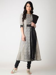 Beige-Black Printed Tussar Silk Kurta with Zari Top Stitch