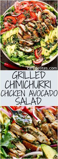 Grilled Chimichurri Chicken Avocado Salad is another meal in a salad! Using authentic chimichurri as a dressing that doubles as a marinade! | https://cafedelites.com