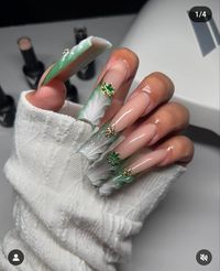 green ombre french tip nails with rhinestones