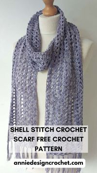 This shell stitch crochet scarf is a lovely crochet project, and you can find the crochet pattern for it inside my blog.  It's a very pretty project and is very fast to make. It looks intricate but it actually consists of a one-row repeat!