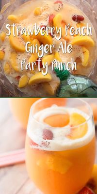 Sherbet punch made with ginger ale, white grape juice, peaches, and strawberries is the best punch recipe ever!