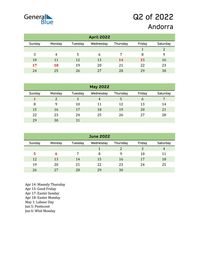 Free quarterly calendar for Andorra with holidays. Holiday calendars in PDF, Word, and Excel are printable and easy to customize.