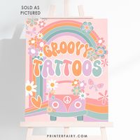 "Groovy Tattoo Station Sign. This listing is for a non editable, sold as is digital Item. Nothing personalized or physical will be shipped! Please read all the description before purchasing. ★ More Groovy Party matching items: https://www.etsy.com/shop/PrinterFairy?search_query=GR1 ★ Matching Items upon request: http://etsy.me/2pZWeID  WHAT YOU RECEIVE  -8.5x11 sign in jpg and pdf.  REMEMBER  *This is printable file and no physical items will be shipped to you. *You will receive the files as is, please contact me if you need to customize them. An additional fee will apply. * Colors may vary between online viewing and your actual printed product. All computer monitors display color differently as well as all printers print differently. So please take this into consideration when viewing you